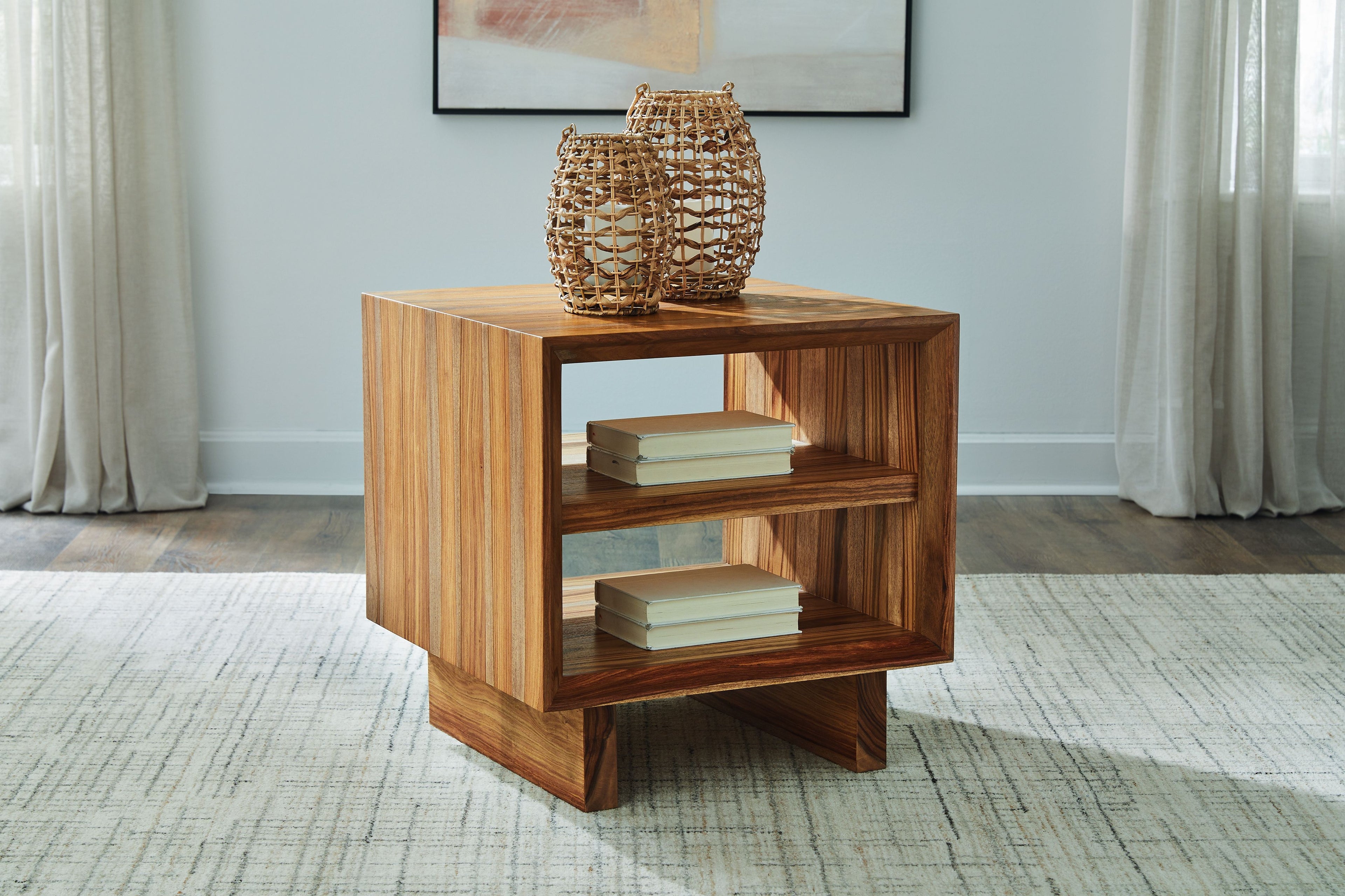 Square wooden end table with two open shelves, designed for display and storage