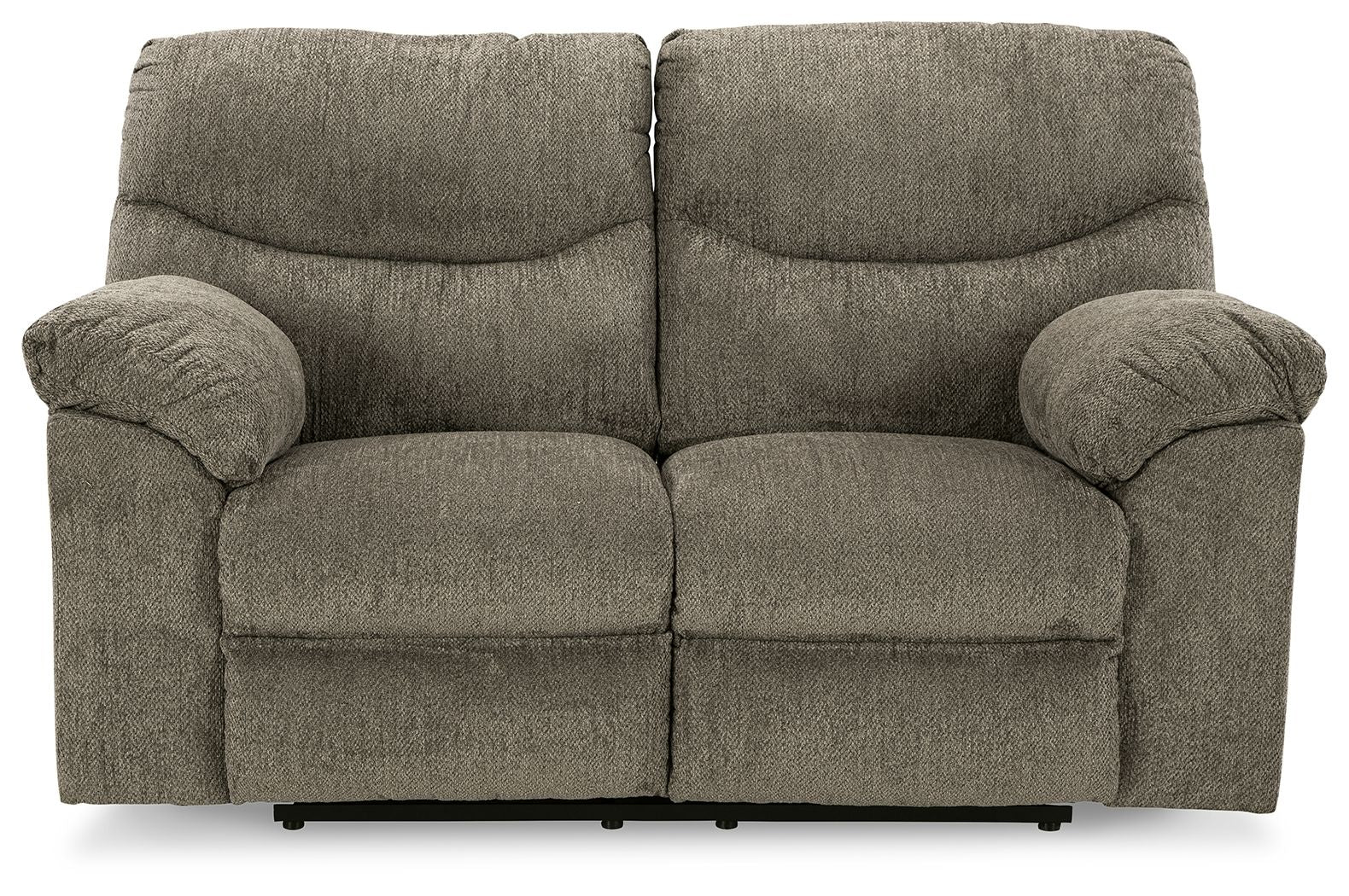 Reclining loveseat in dark gray fabric with rounded armrests and split seat