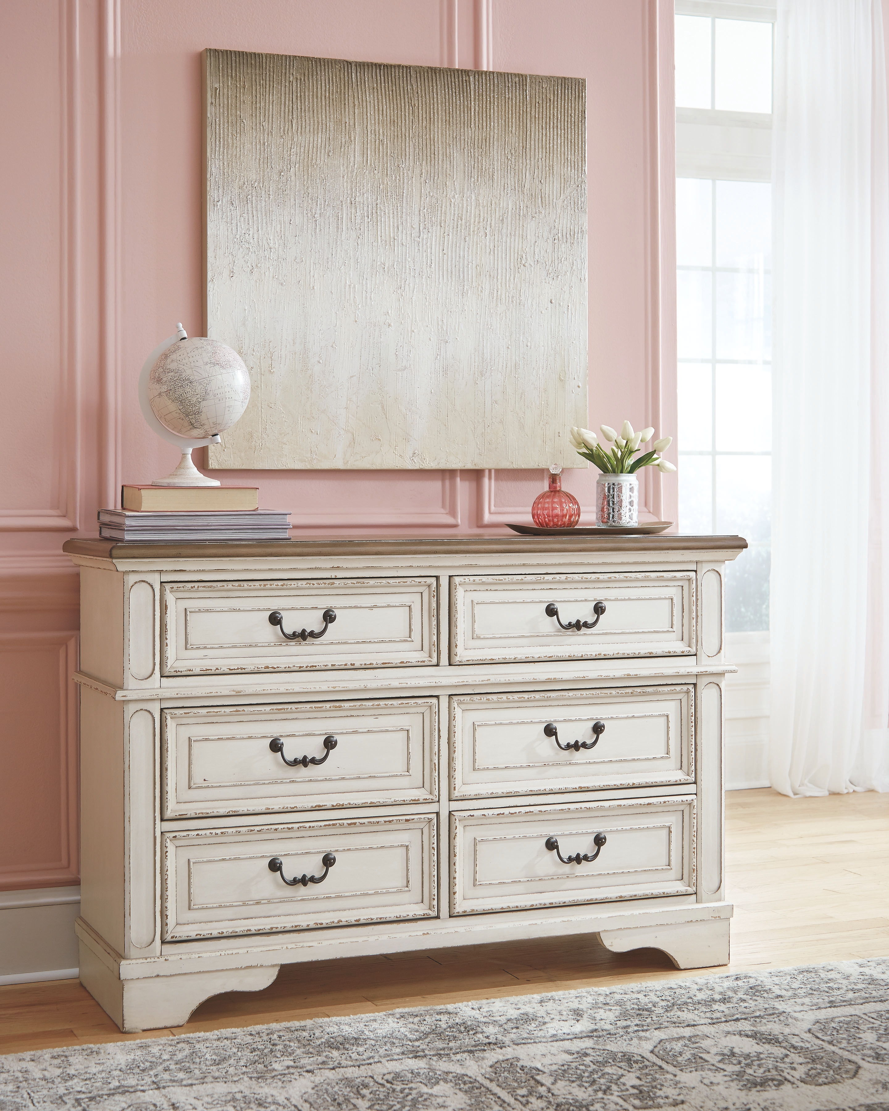 Two-tone dresser with rectangular mirror and six drawer fronts