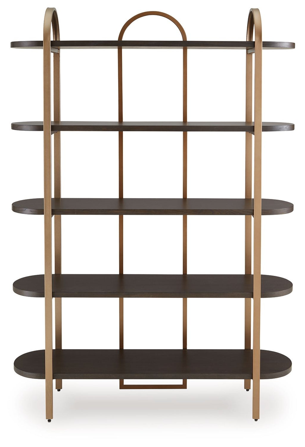 Brown wood bookcase with gold frame, arched top and four open round shelves