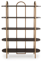 Brown wood bookcase with gold frame, arched top and four open round shelves