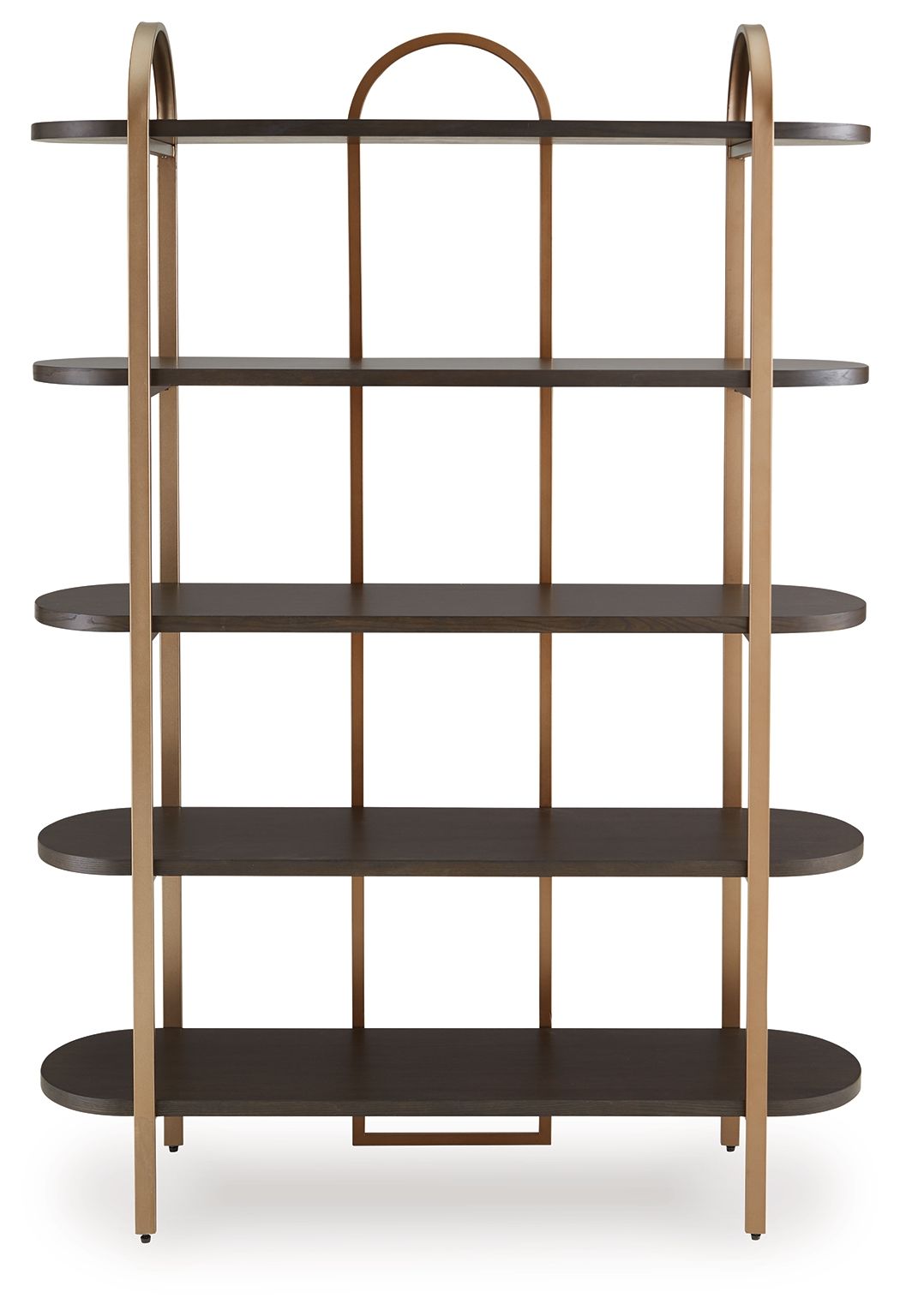 Brown wood bookcase with gold frame, arched top and four open round shelves