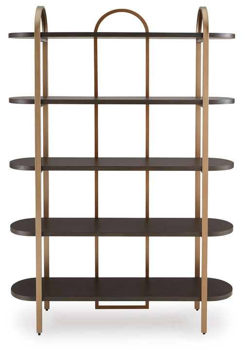 Brown wood bookcase with gold frame, arched top and four open round shelves