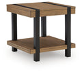 Light brown wood end table with black legs and lower shelf, rectangular tabletop