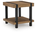 Light brown wood end table with black legs and lower shelf, rectangular tabletop
