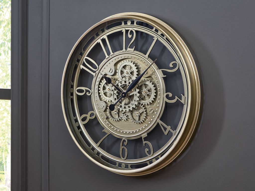 Champagne wall clock with mechanical gear dial and Roman numerals