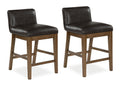Set of two upholstered bar stools with dark brown seats and light wood legs, armless