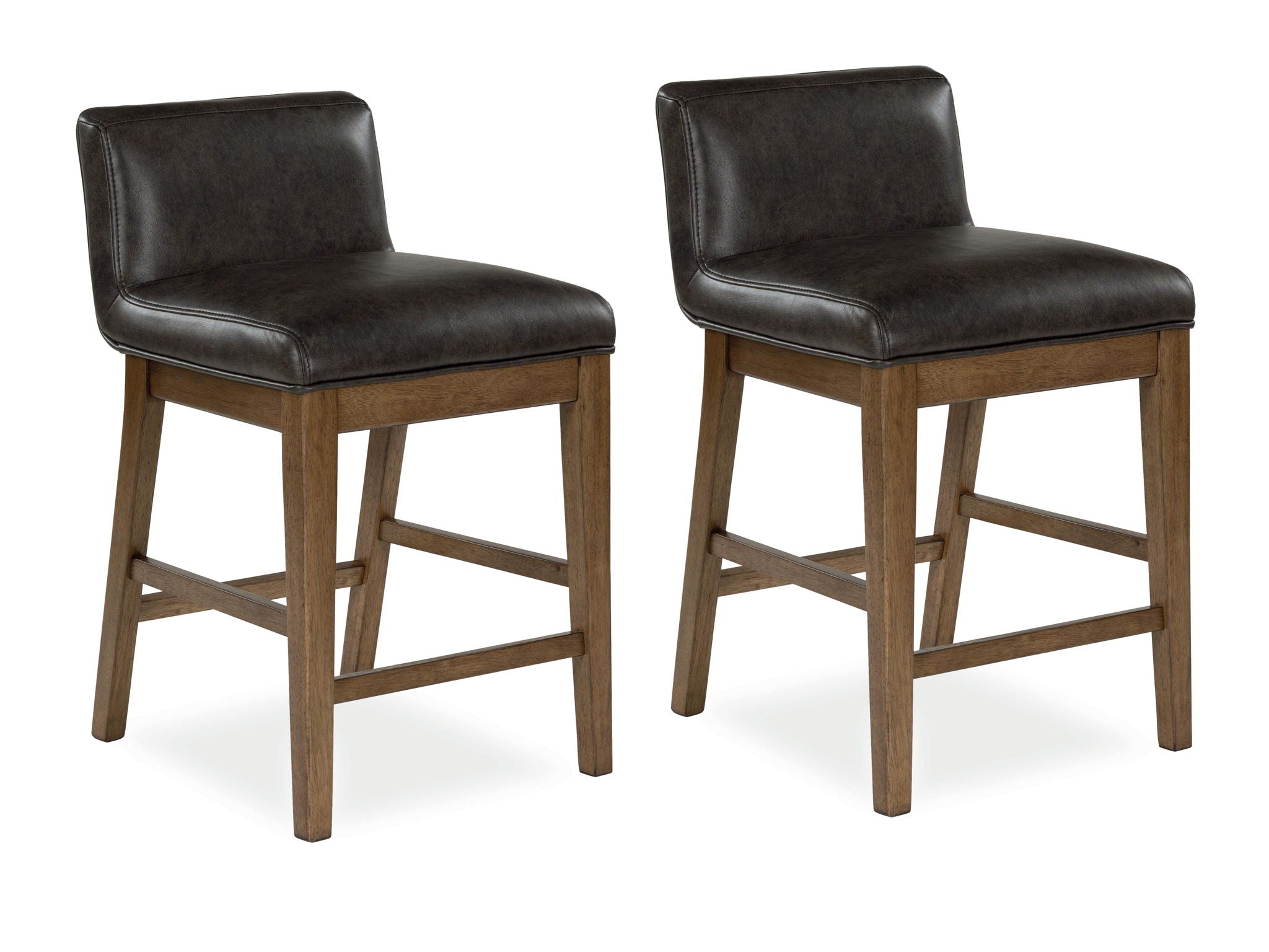 Set of two upholstered bar stools with dark brown seats and light wood legs, armless