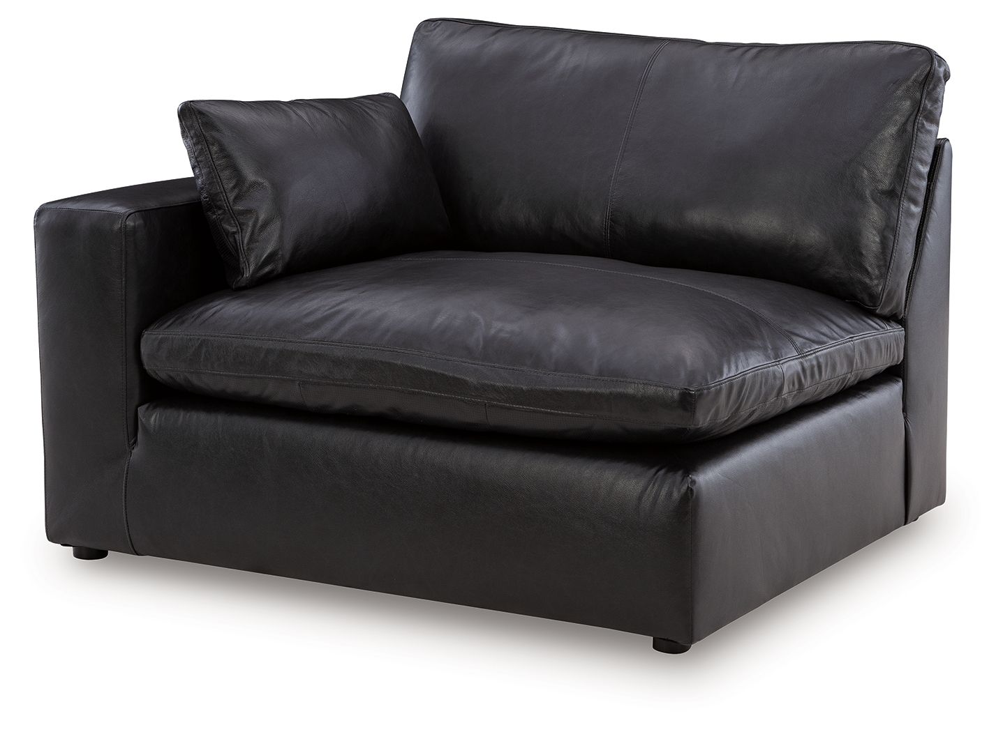 Black leather-look left-arm corner chair with padded seat, two cushions, sturdy base.