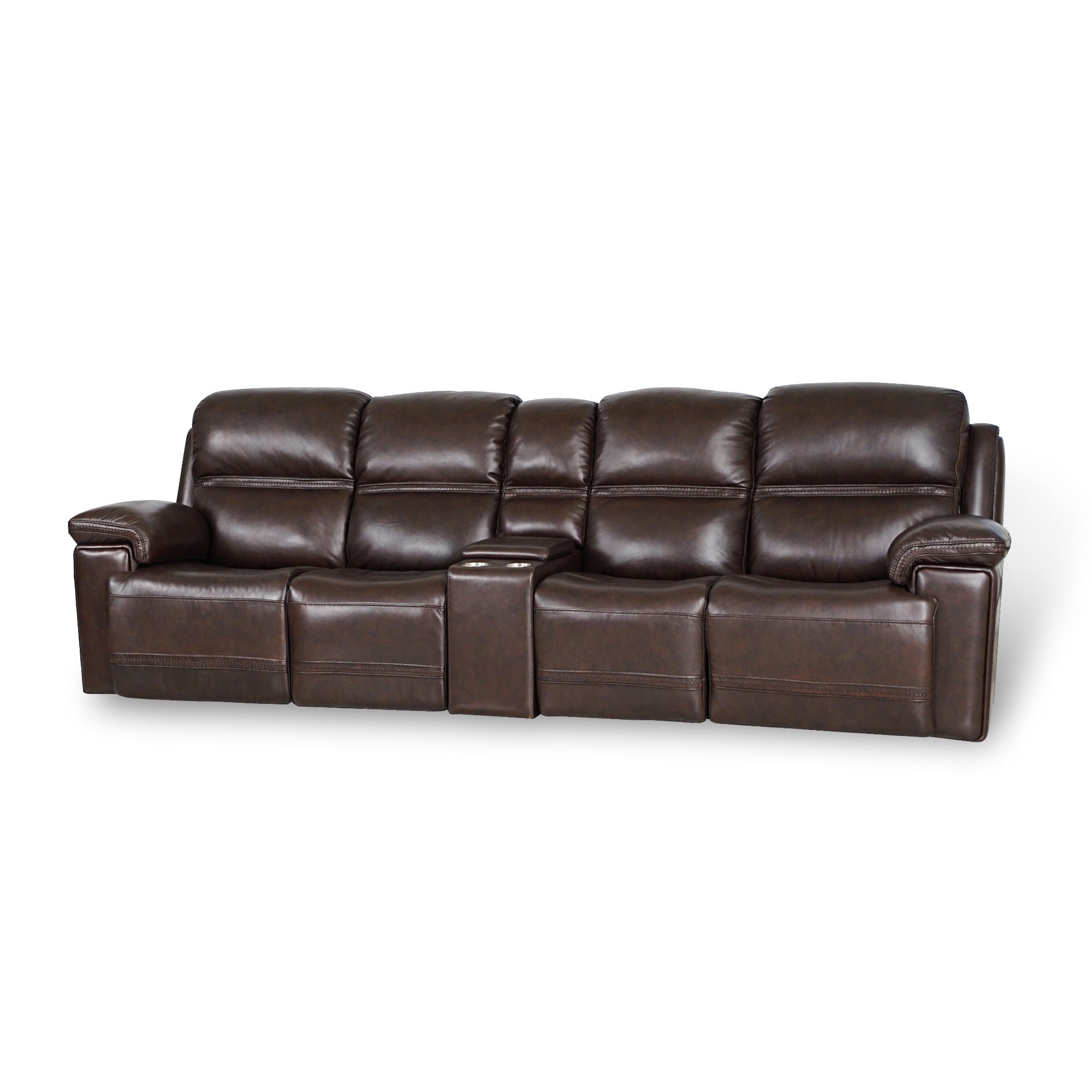 Timo Top Grain Leather Power Reclining 4 Seater Sofa With Console, Adjustable Headrest, Big Size, Cross Stitching
