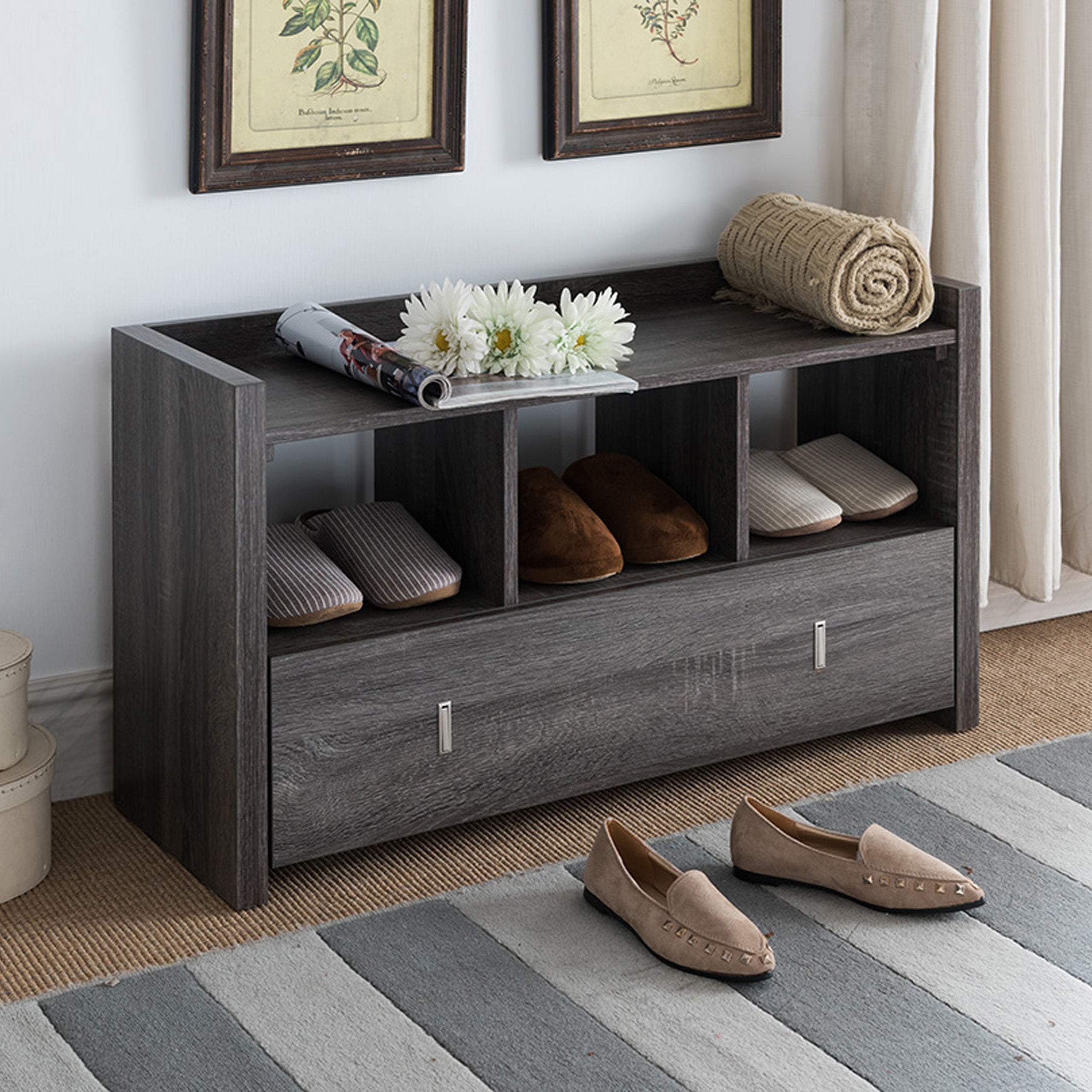 Distressed Grey Entryway Shoe Bench: 3 Shelves & Divided Drawer