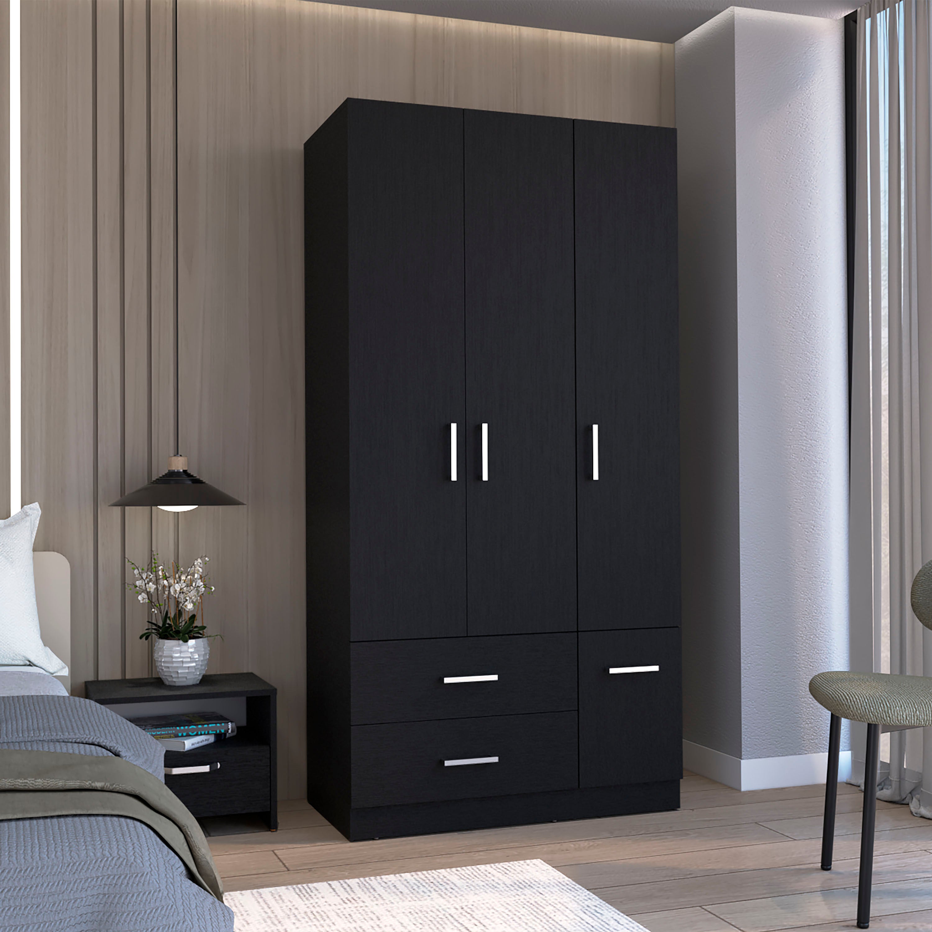 Sebree 71" Black Armoire Wardrobe: Drawers, Doors, Shelves