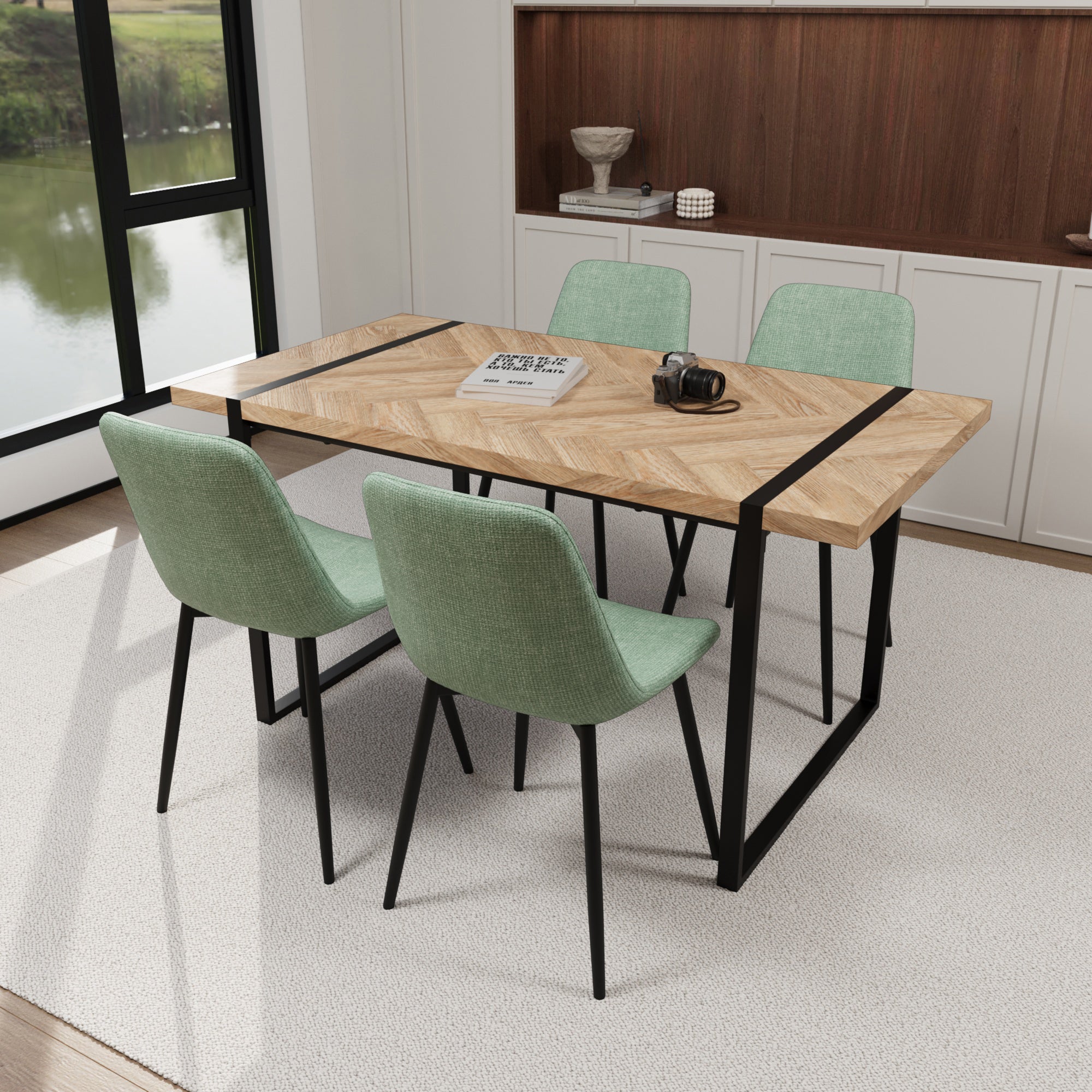 59" Modern Dining Table Set w/ 4 Suede Chairs
