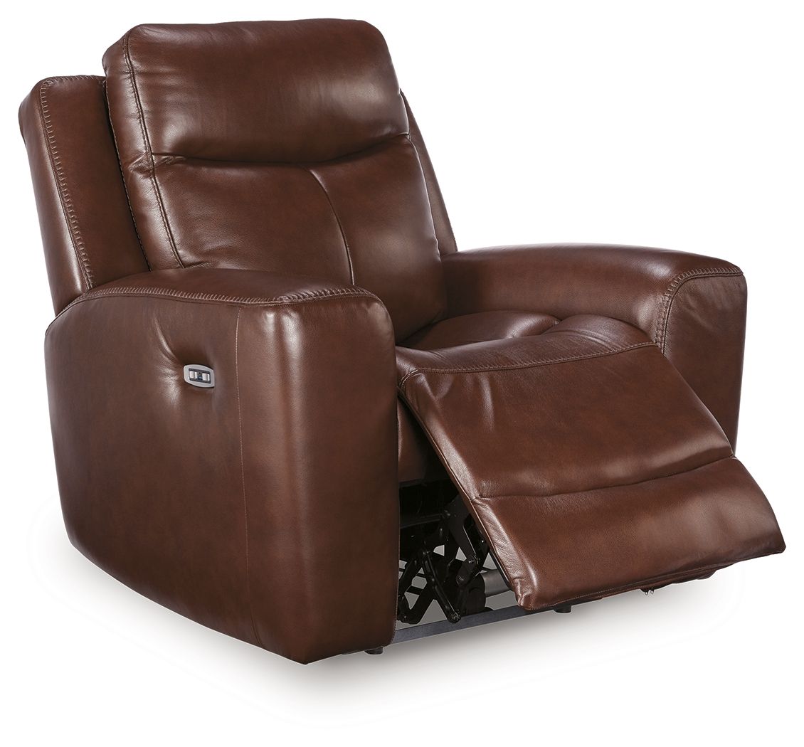 Mahogany leather-look power recliner with adjustable headrest and extended footrest