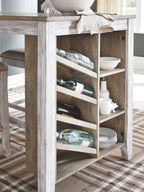 Open storage compartment with bottle holders under a rectangular counter table
