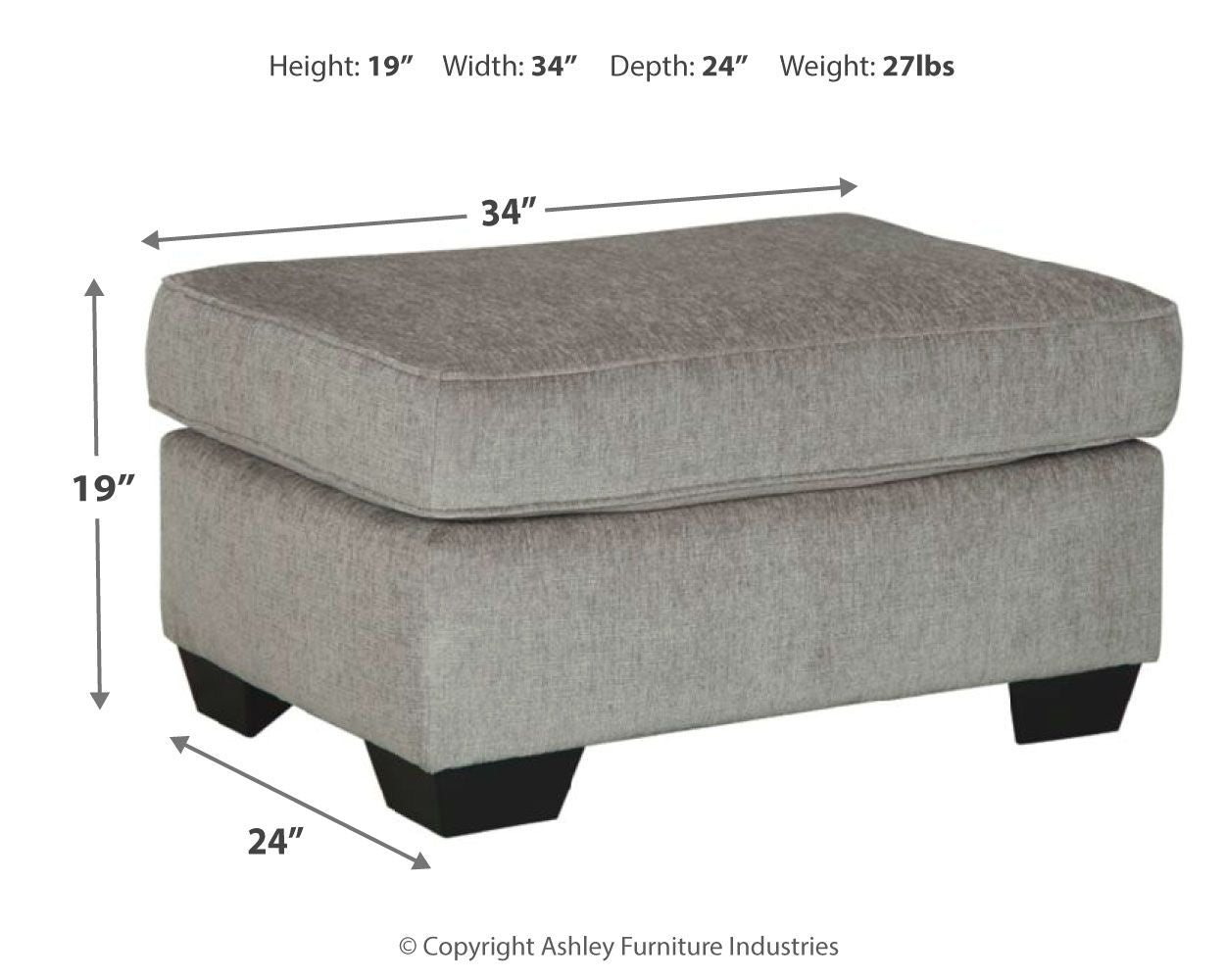 Light gray upholstered ottoman with hinged-look cushion top and block feet