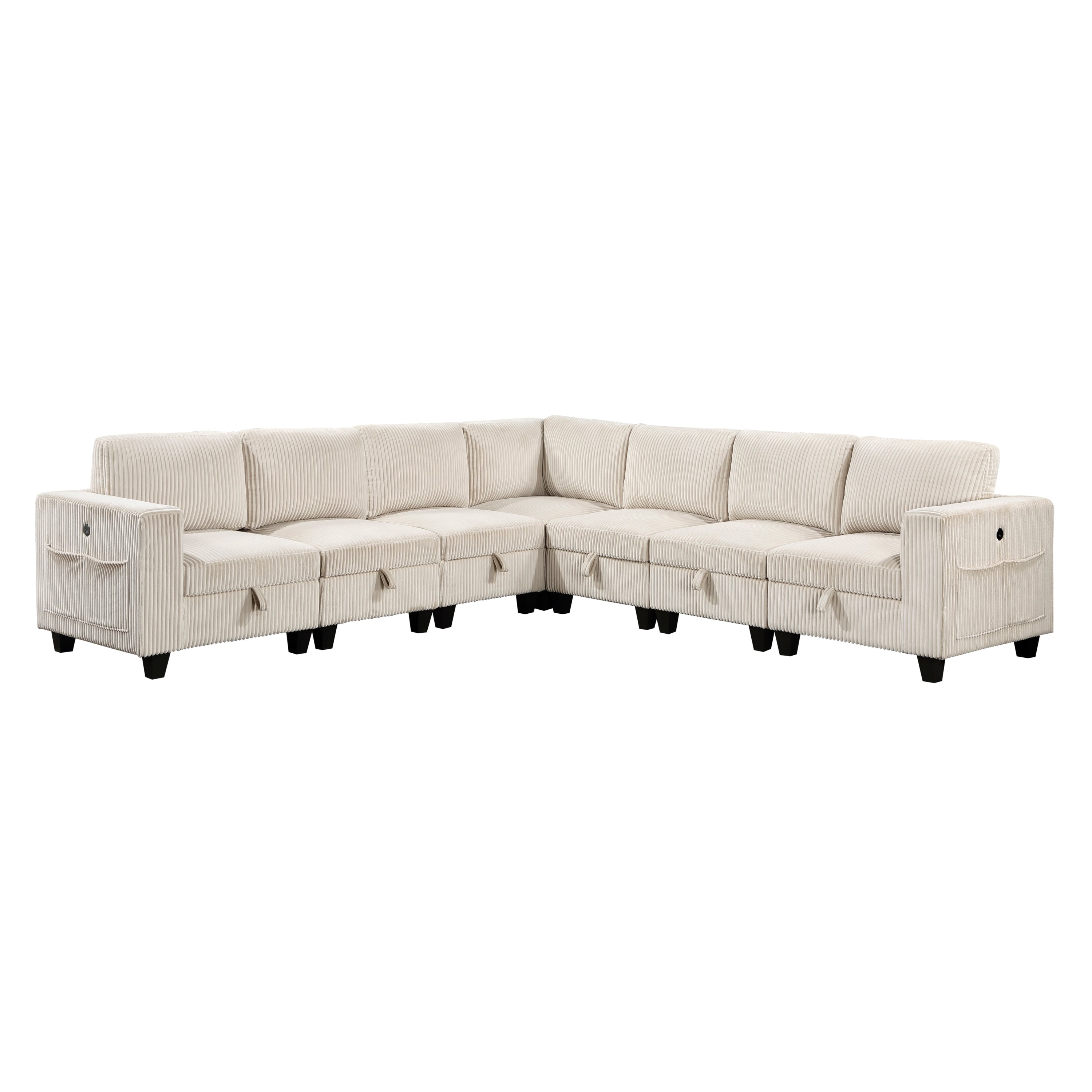 7-Pc Beige Corduroy Modular Sectional with Storage & Charge