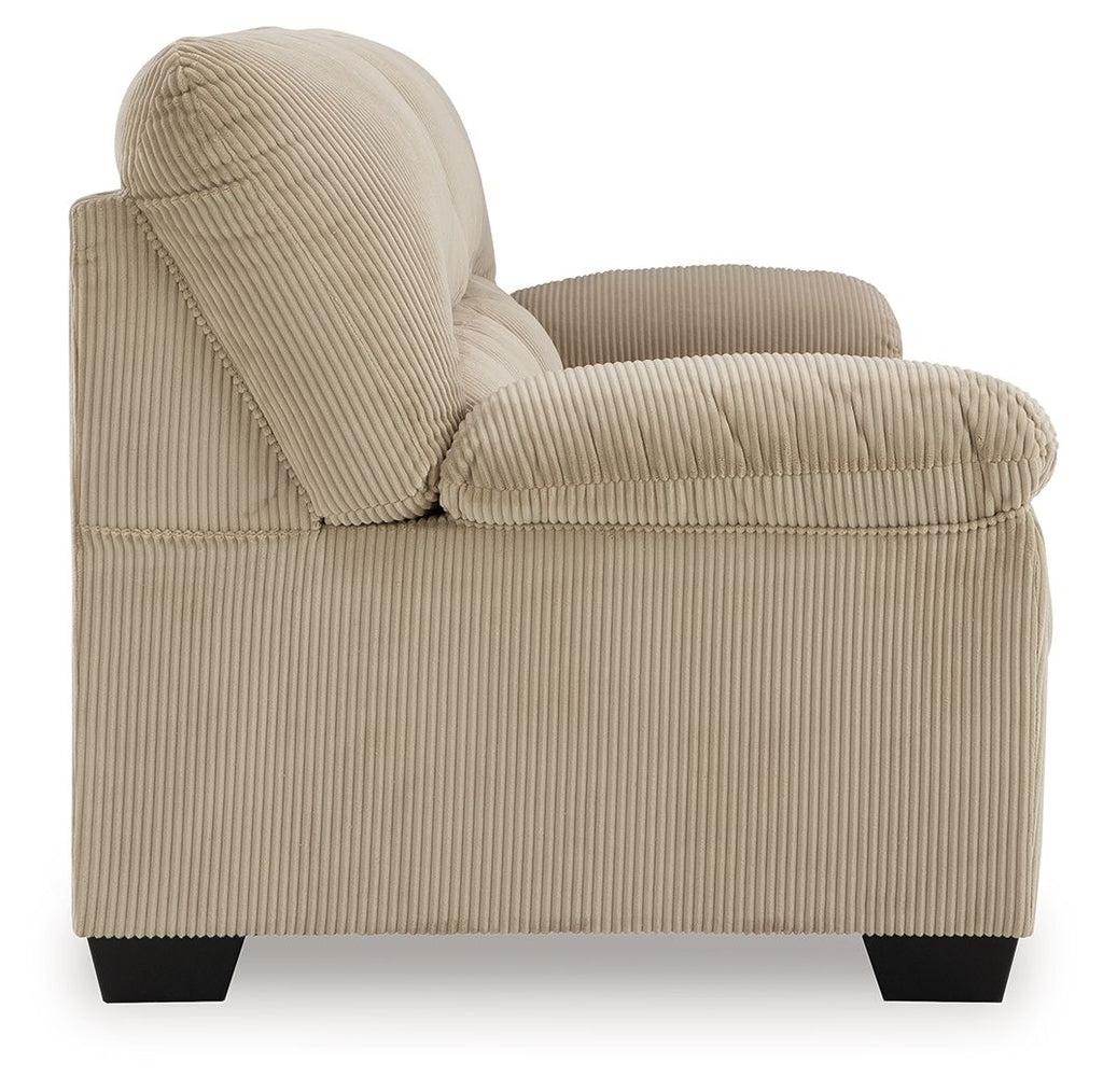Sand corduroy sofa with rolled arm and tufted back cushion
