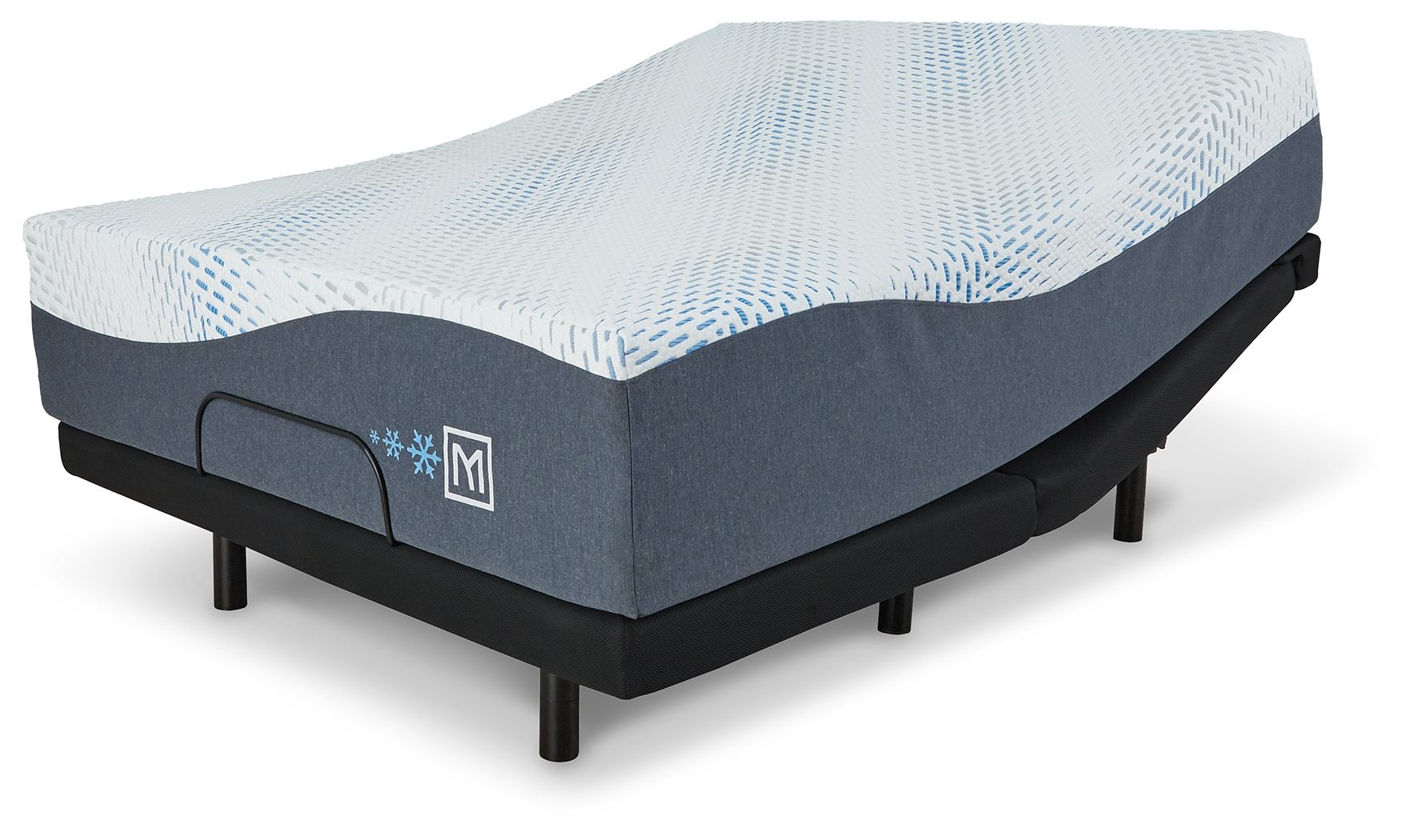Gel memory foam mattress with white top and dark blue base on black legs