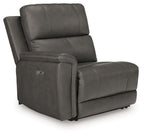 Power wall recliner chair in dark gray upholstery with padded armrests and seams