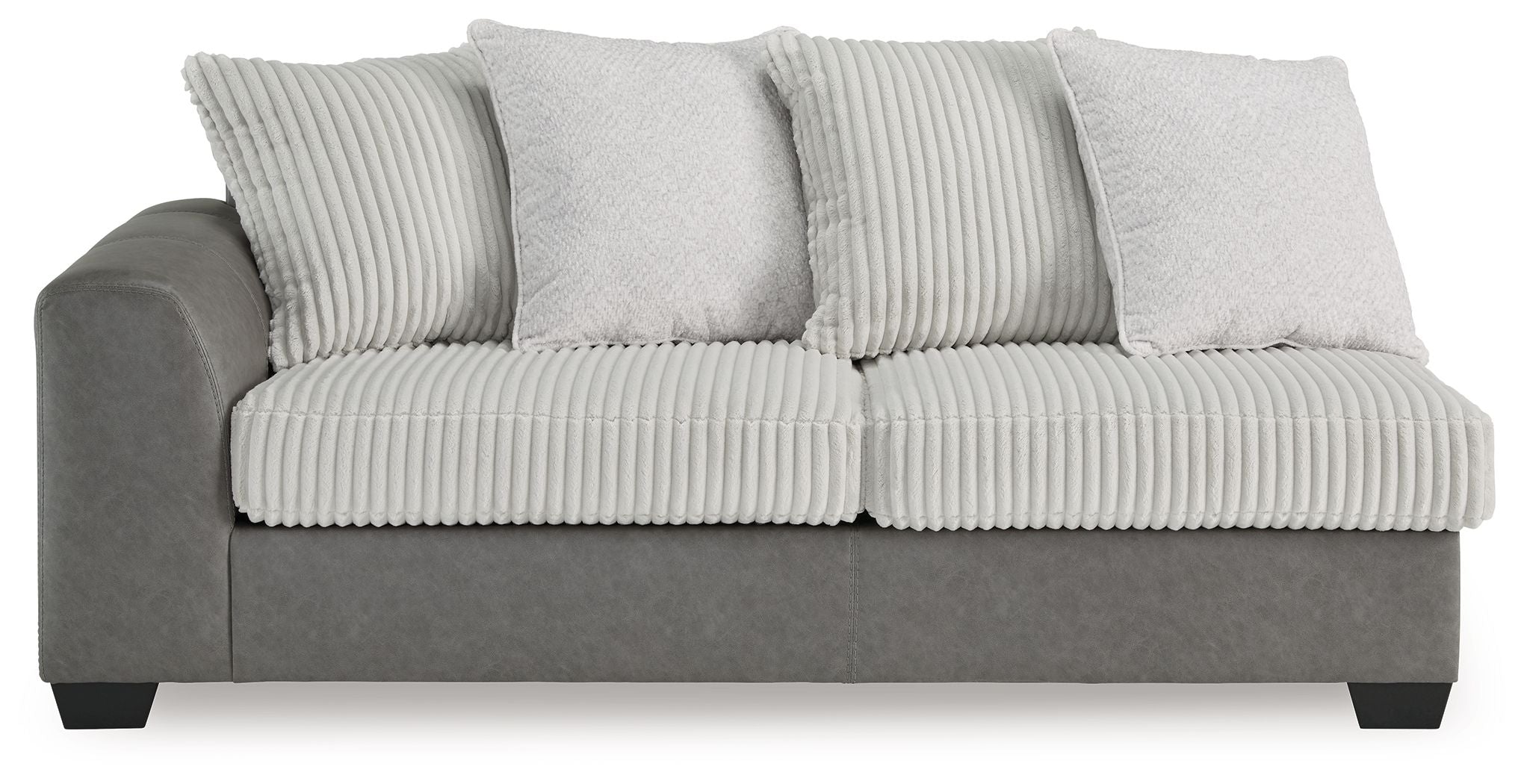 Grey sofa bed with ribbed seat, striped back pillows, and three back cushions