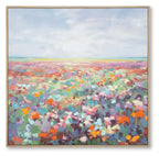 Multicolor abstract landscape wall art in a wood-tone frame, square format
