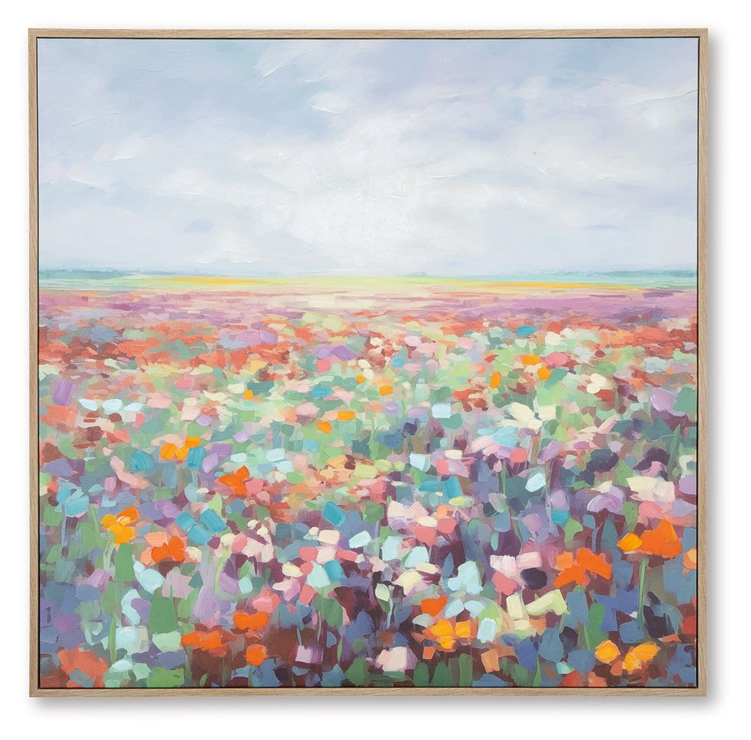 Multicolor abstract landscape wall art in a wood-tone frame, square format