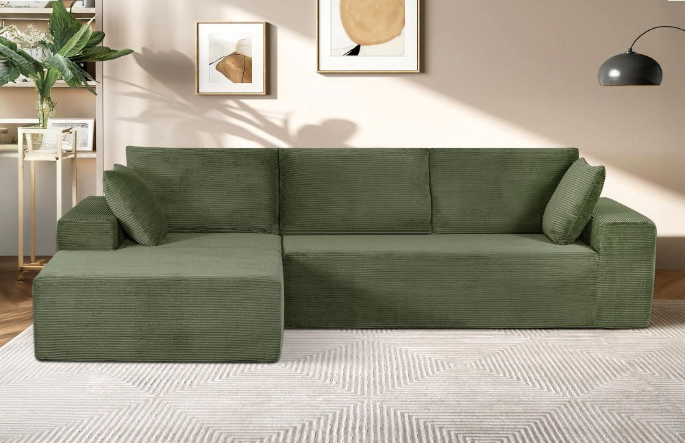 CozyForm Corduroy Sleeper Sectional Sofa - Dark Green L-Face
