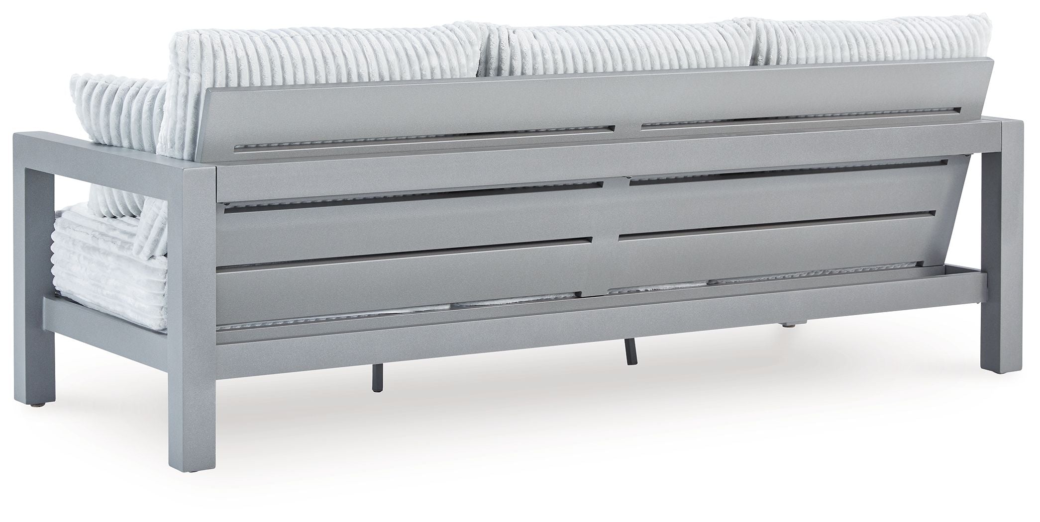 Hurley Park light gray outdoor sofa rear view with striped cushions and pillows