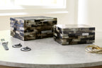 Set of 2 wood block storage boxes, striped black, brown, cream, side profile with lids