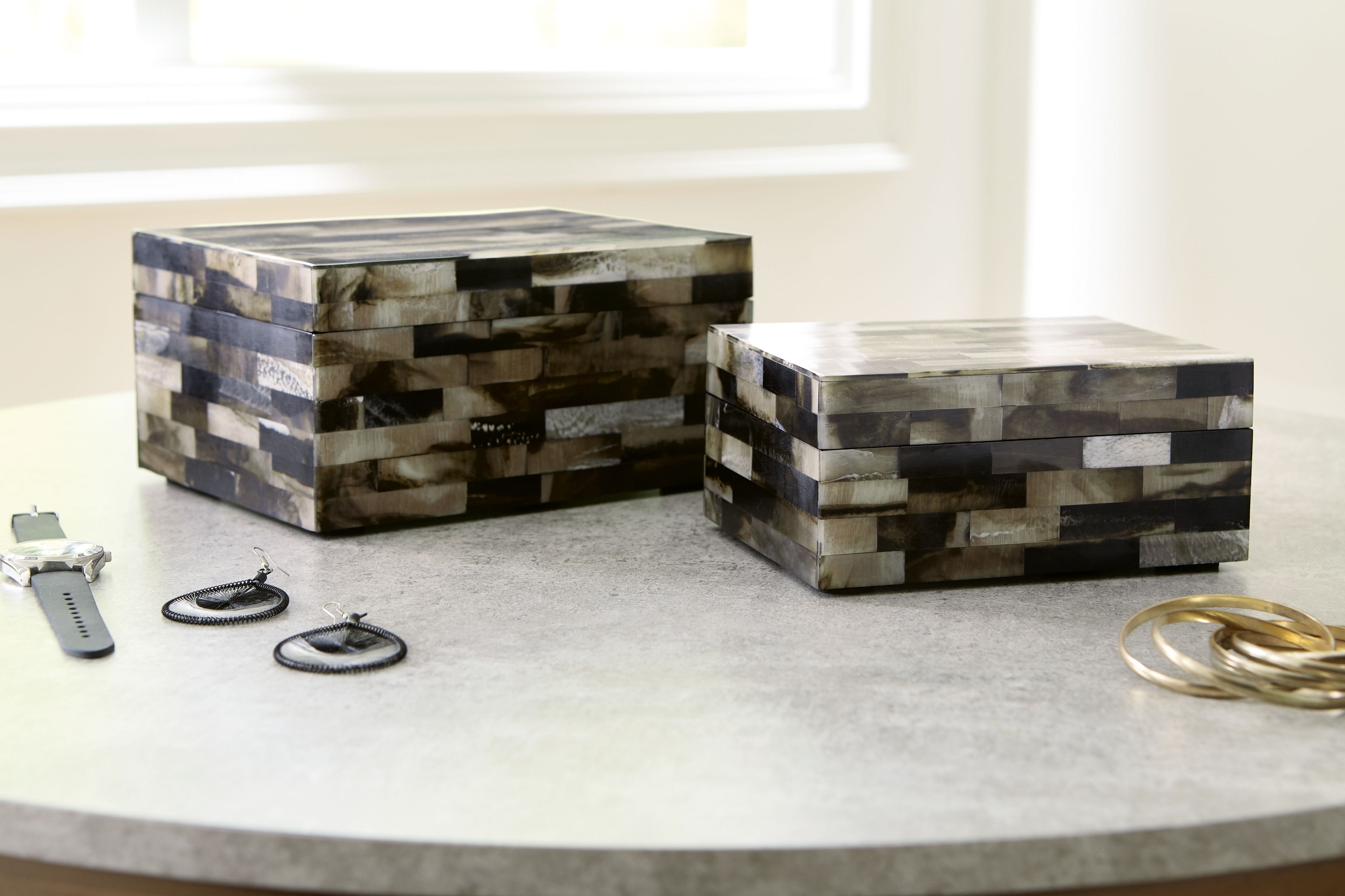 Set of 2 wood block storage boxes, striped black, brown, cream, side profile with lids