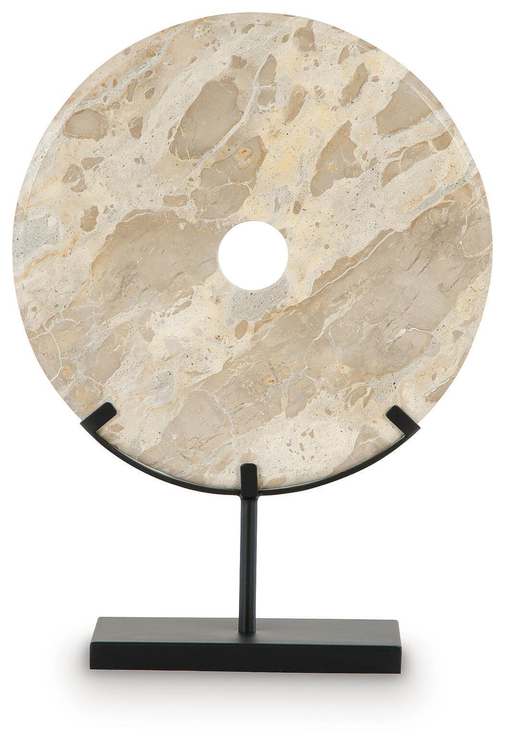Light beige round sculpture with drilled hole on black metal tabletop base