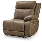 Biscotti brown power wall recliner with padded arms, lumbar stitching, and recline base