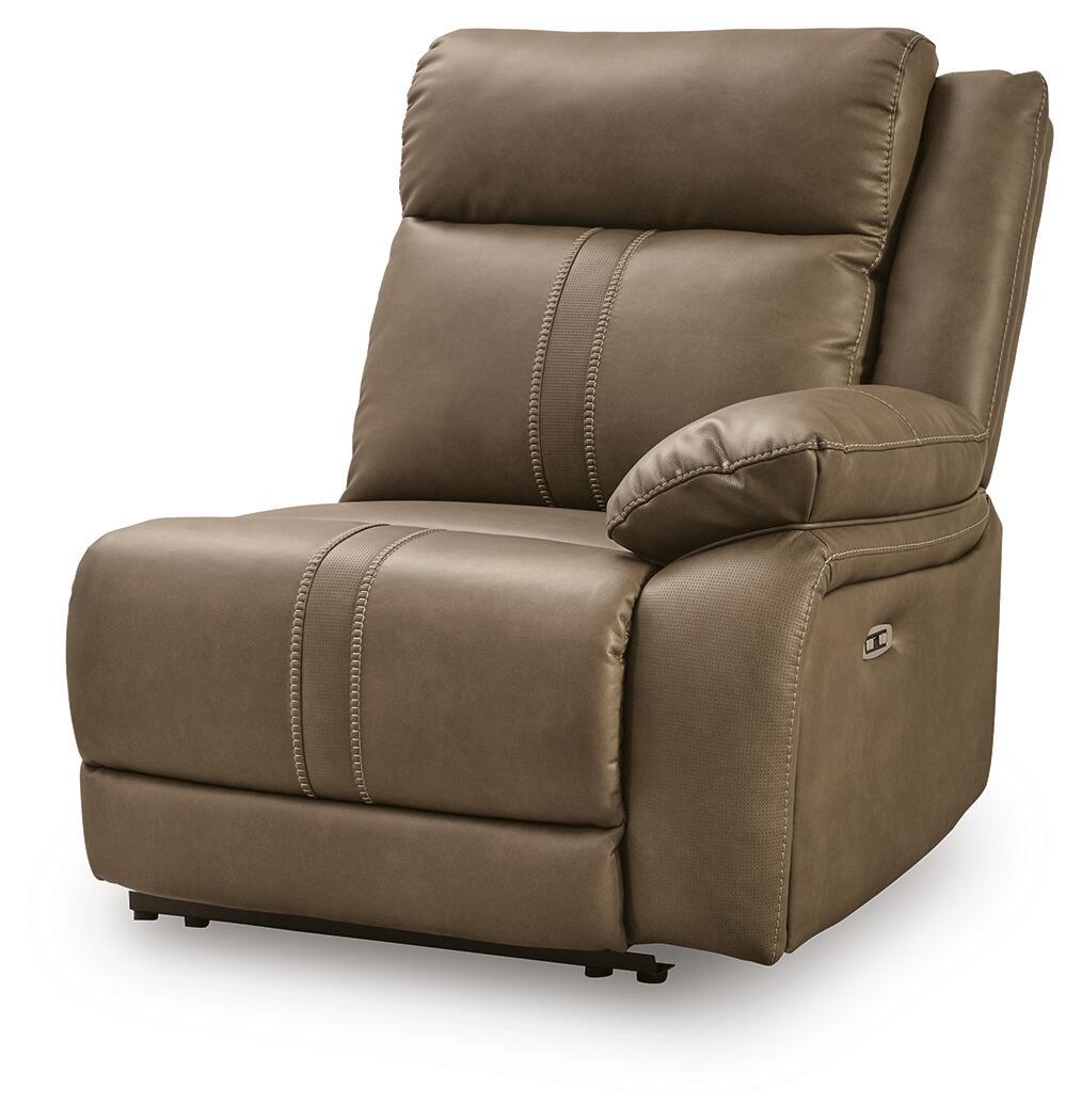 Biscotti brown power wall recliner with padded arms, lumbar stitching, and recline base
