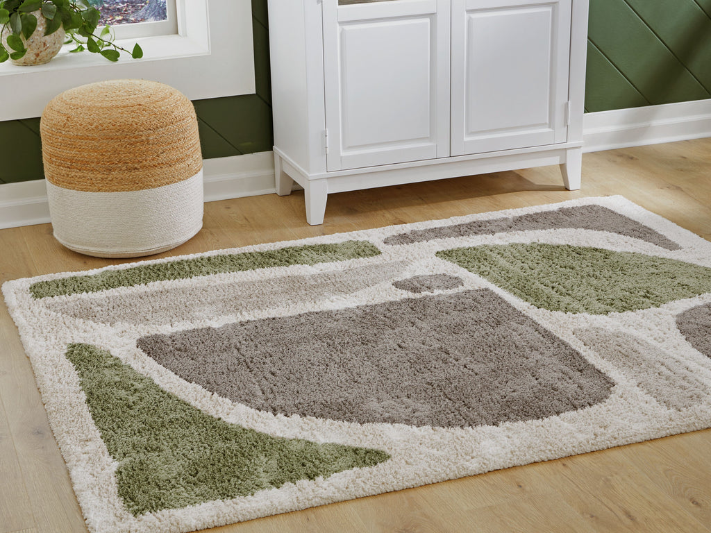 Modern abstract rug with olive and gray blocks on cream background, thick plush pile