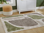 Modern abstract rug with olive and gray blocks on cream background, thick plush pile