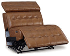 Brown leather power armless recliner with adjustable headrest, reclined seat