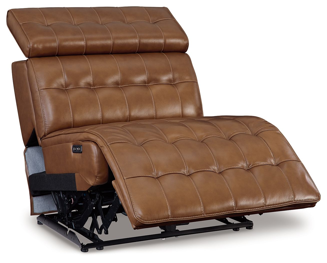 Brown leather power armless recliner with adjustable headrest, reclined seat