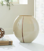 Beige ceramic vase with glossy finish and vertical brown stripe, full view