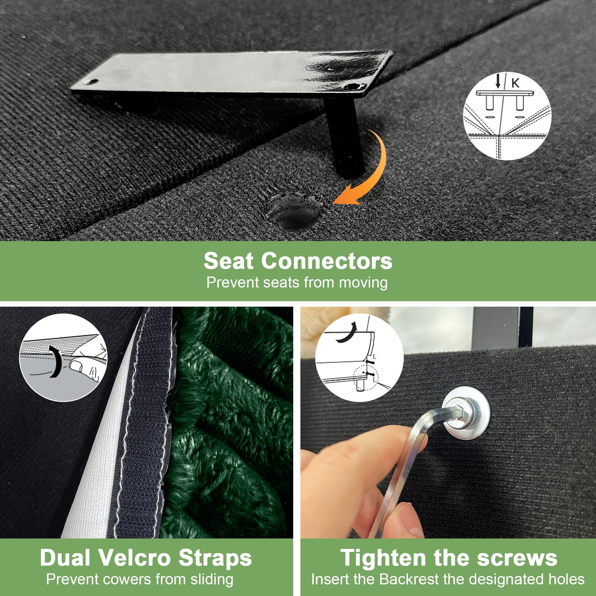 Sofa seat connectors with dual Velcro straps and tightening screws for stability