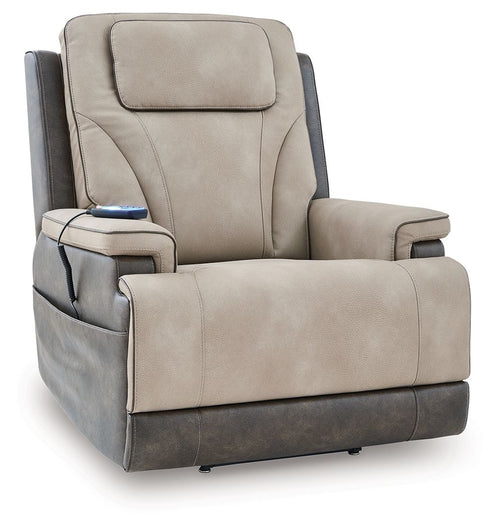 Sand-colored lift recliner chair with padded headrest and wide armrests, side view