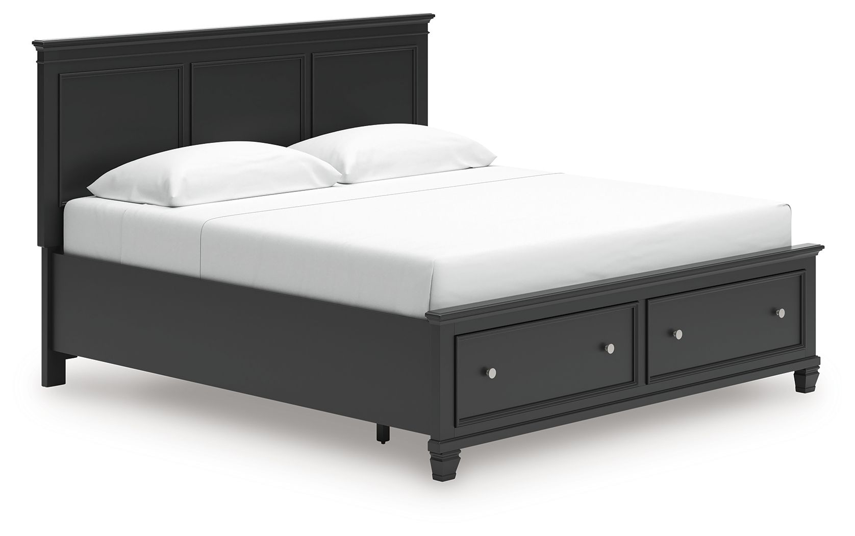 Black panel bed frame with paneled headboard and footboard drawers; white mattress