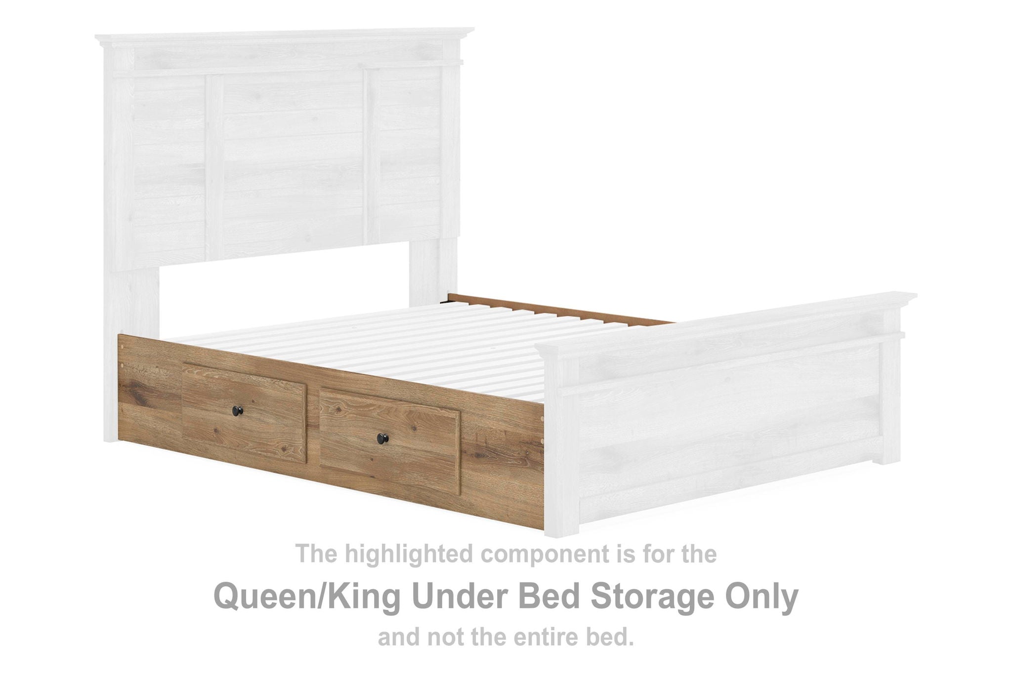 Queen/King under-bed storage set with tan wooden drawer fronts under bed frame