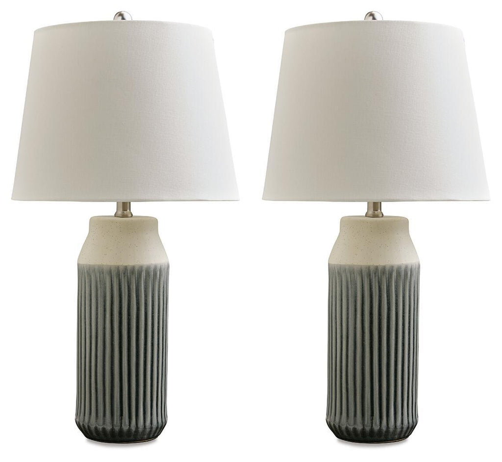 Blue ceramic table lamps (set of 2) with white fabric shades