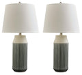 Blue ceramic table lamps (set of 2) with white fabric shades
