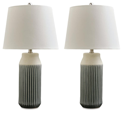 Blue ceramic table lamps (set of 2) with white fabric shades