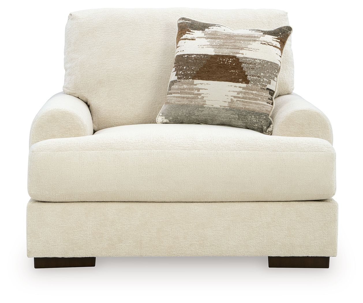 Armchair in beige fabric with thick seat and back, and a brown-and-white patterned throw pillow