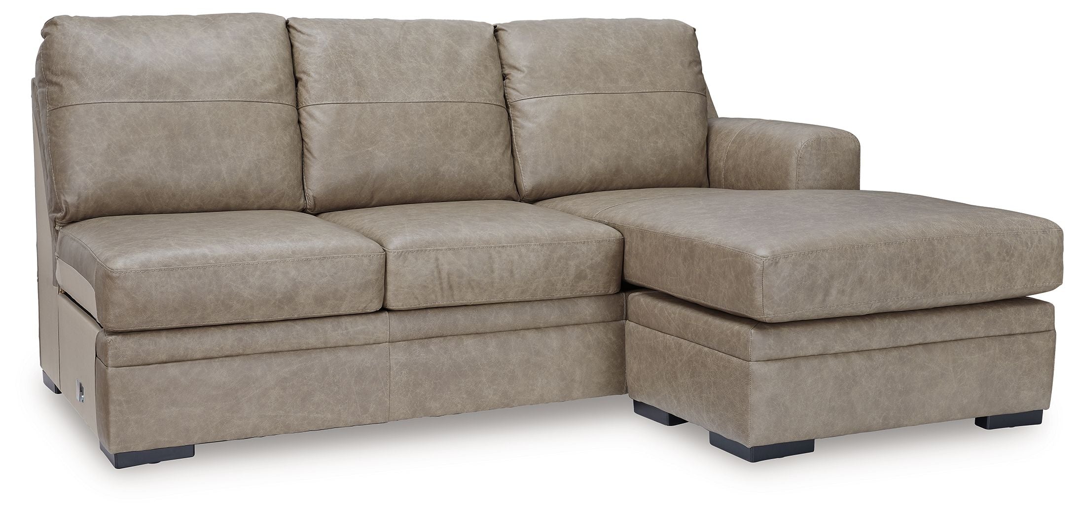 Desert beige fabric sofa chaise section with square arms and three seat cushions