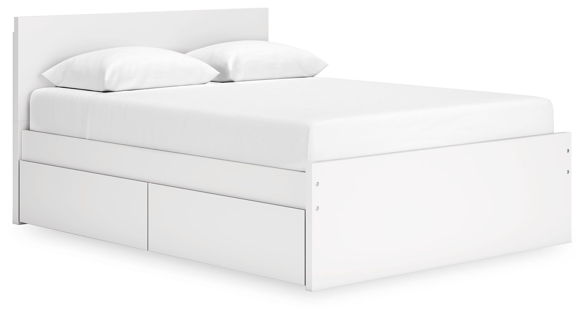 White panel platform bed with two front storage drawers and padded headboard
