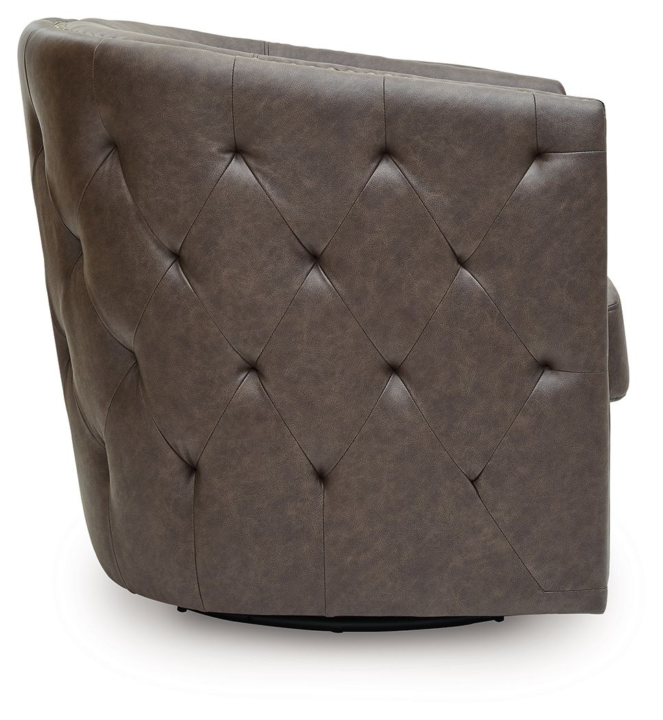 Brown swivel accent chair with button-tufted back panel and low rounded base